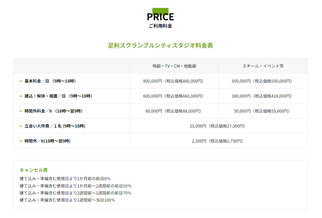 栃木県足利スクランブルシティスタジオの利用料金の画像